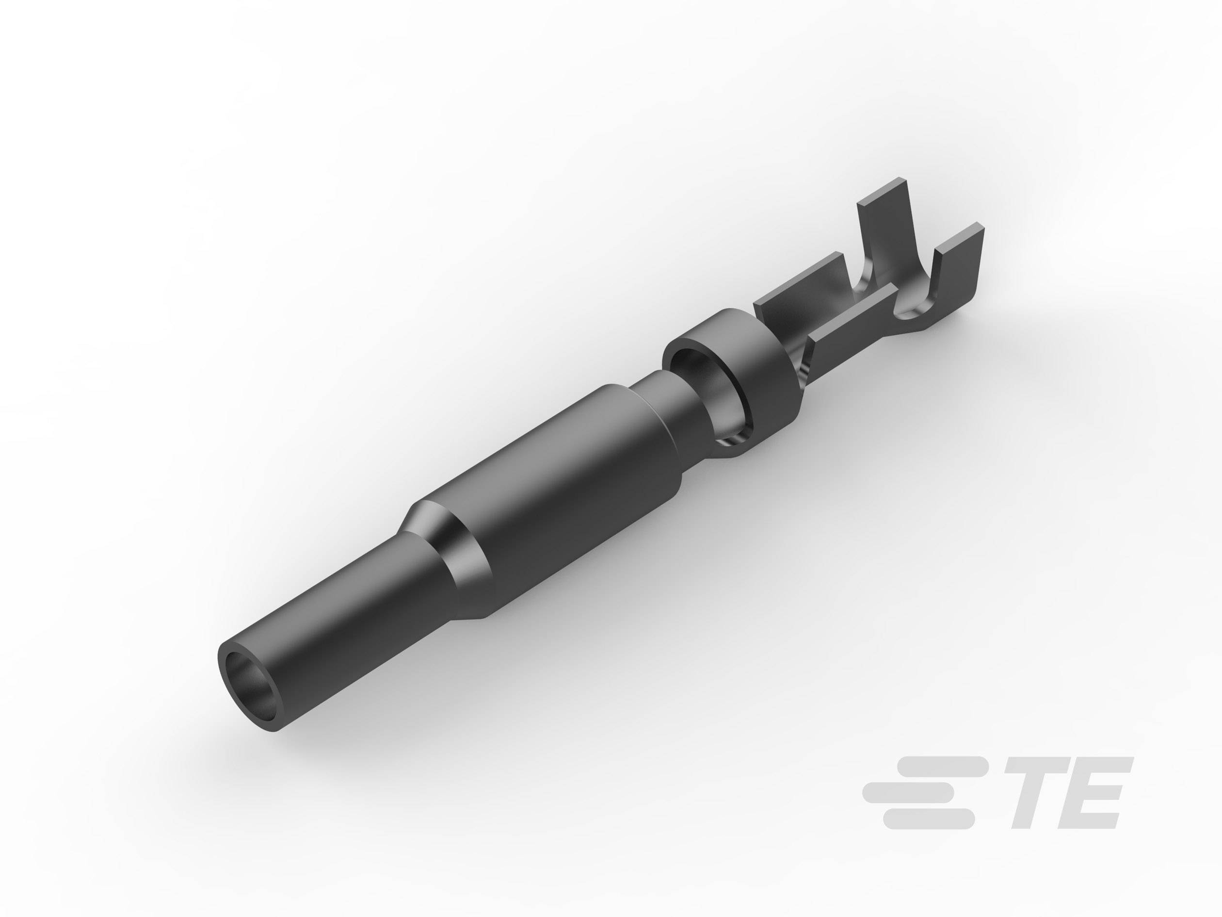 Un connecteur électrique noir avec un boîtier cylindrique et un contact en forme de U sur un fond blanc.