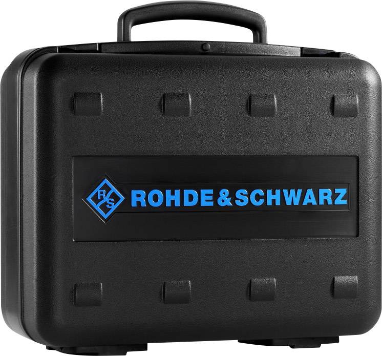 Valise noire portant le logo bleu de 'ROHDE & SCHWARZ' sur le côté, destinée à transporter des appareils technologiques ou de mesure.