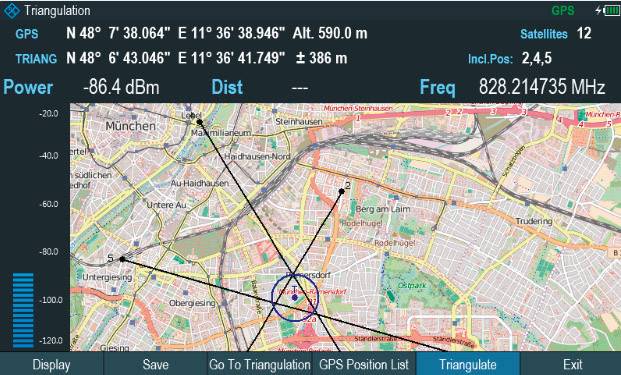 'Triangulation GPS sur plan de ville ; objectif localisé près de Munich. Données : Alt. 590 m, Position N 48° 13' 43,046
