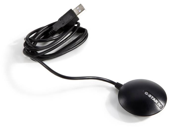 Un câble USB noir avec un récepteur rond portant l'inscription 'G-STAR IV', probablement un récepteur GPS.