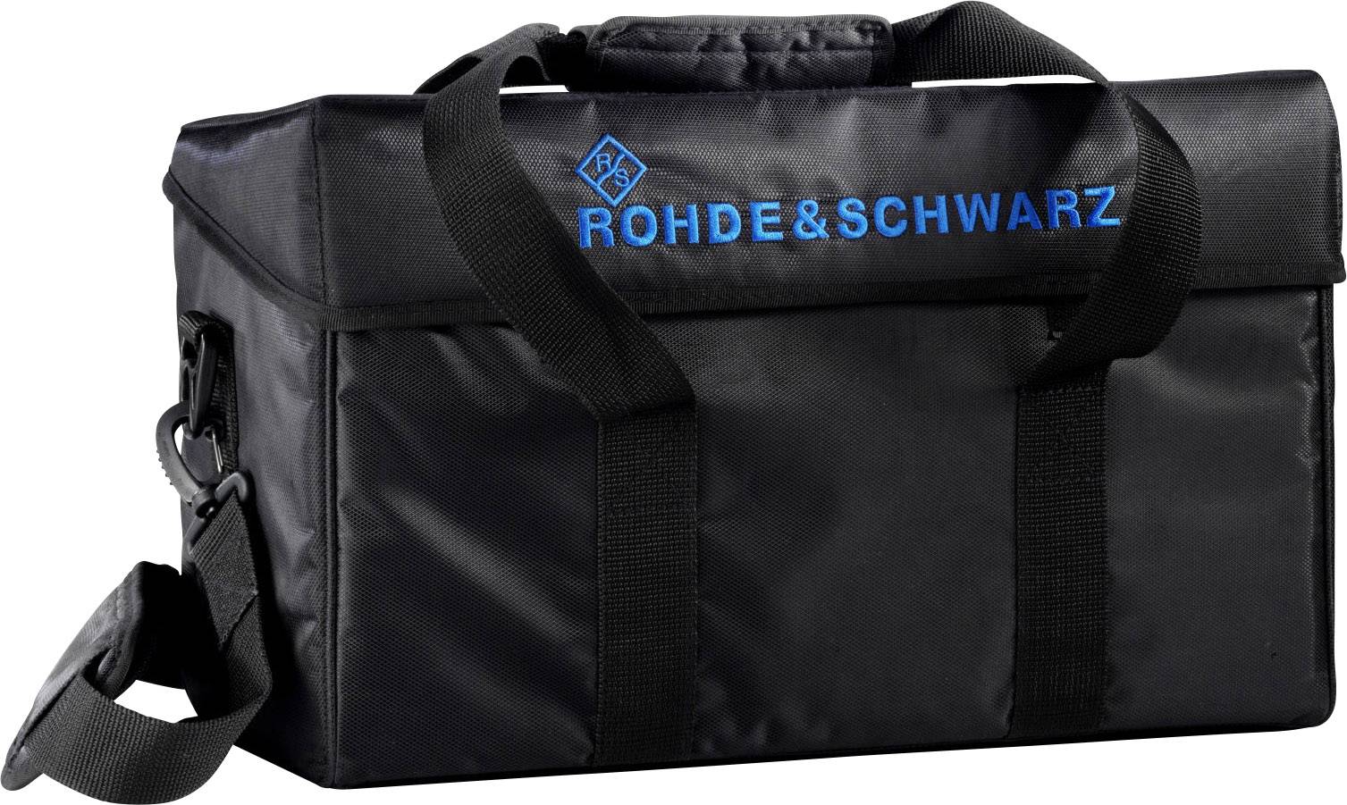 Un sac de transport noir avec des poignées et l'inscription 'ROHDE & SCHWARZ' en lettres bleues sur le dessus.