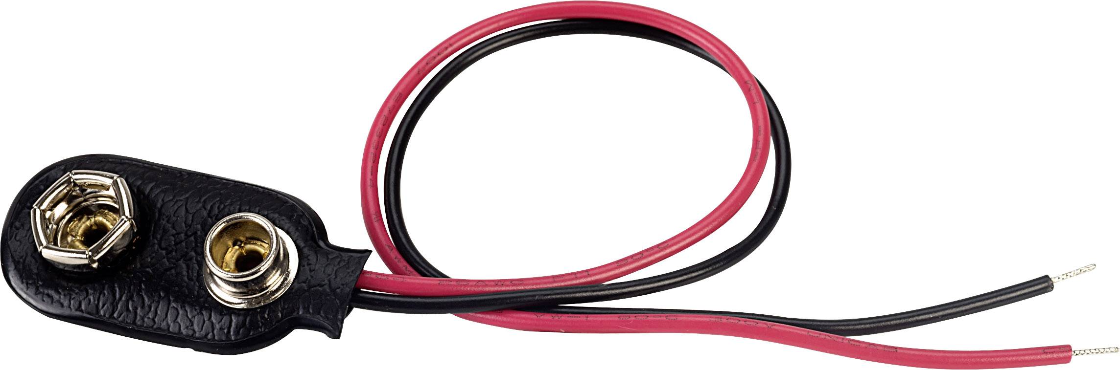 Un clip de batterie 9 volts avec des câbles rouge et noir sortant d'une partie de connecteur noire.