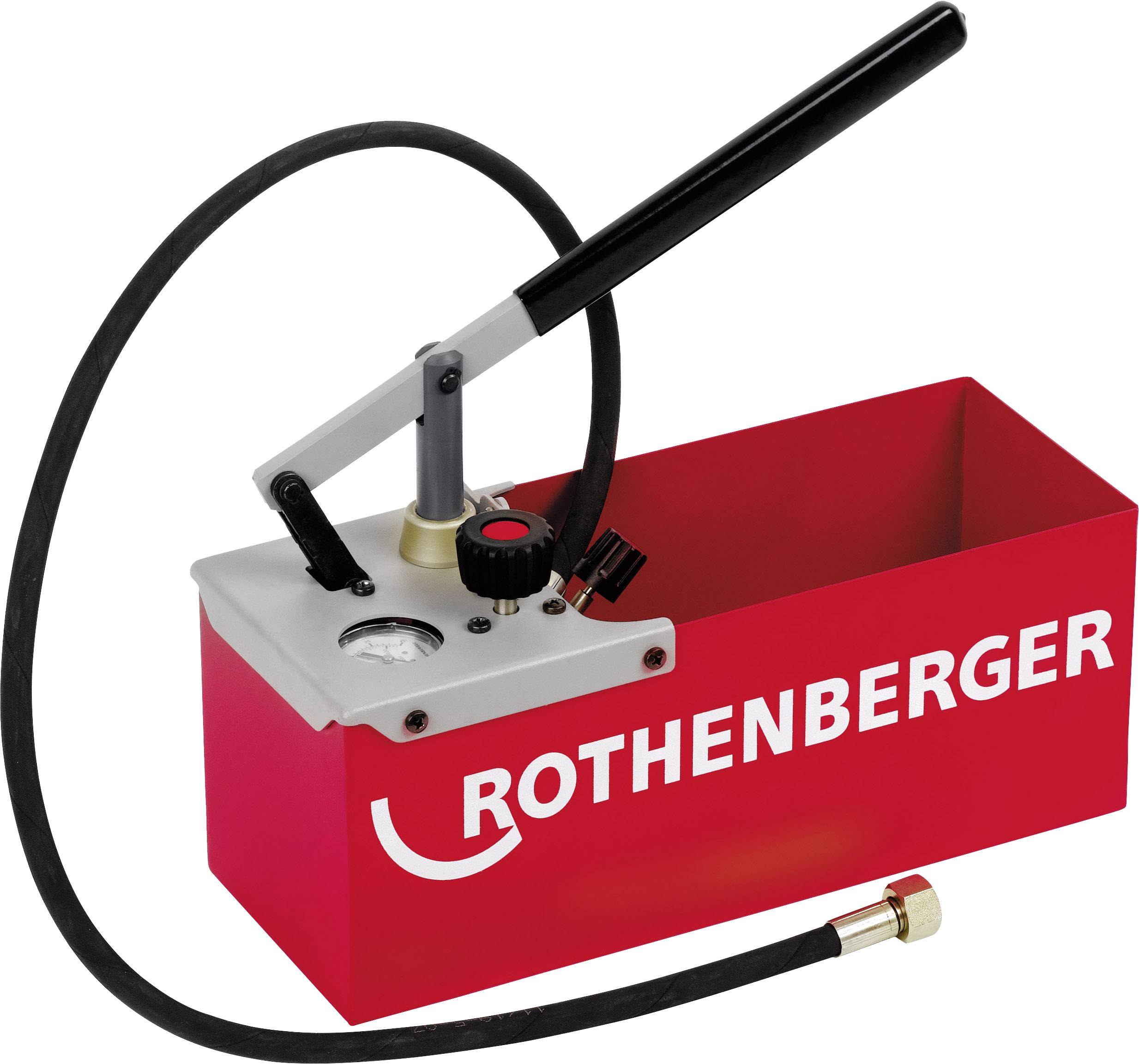 Une pompe de test de pression rouge avec un levier noir et un tuyau. Sur la pompe est inscrit 'ROTHENBERGER'.