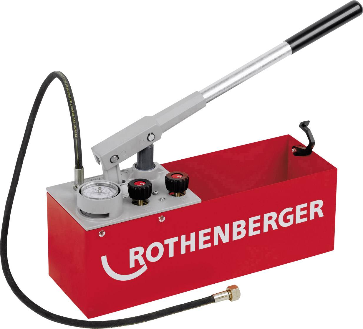 Pompe manuelle de test de pression de Rothenberger avec indicateur de pression, vannes et tuyau flexible, utilisée pour les tests d'étanchéité.
