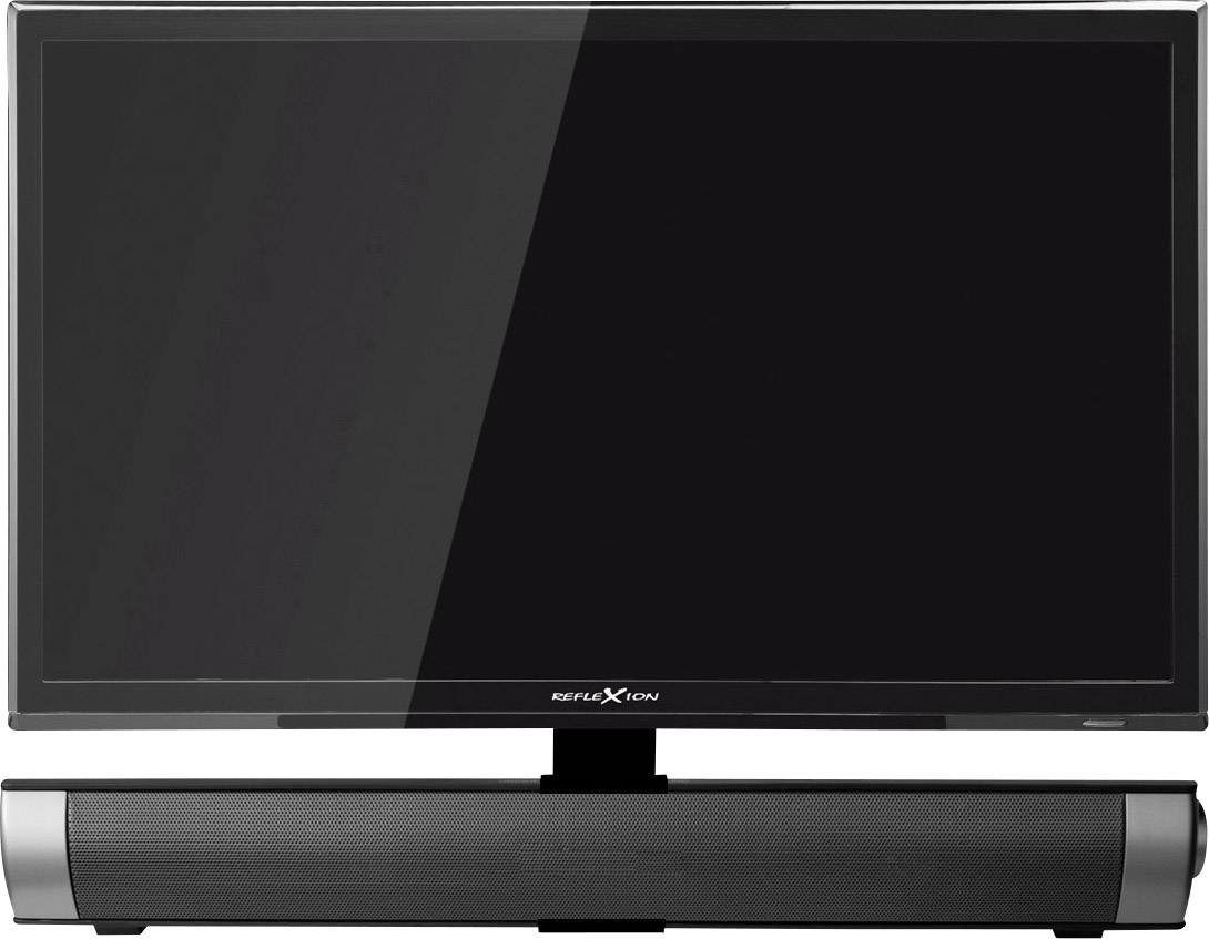 Un téléviseur noir à écran plat est posé sur une table, avec une barre de son correspondante au-dessus. L'écran est éteint.