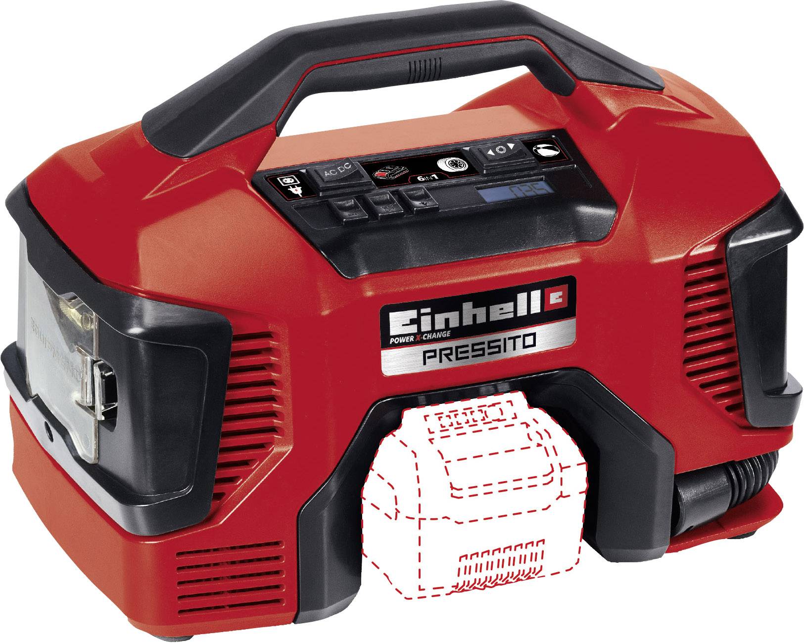 Compresseur portable Einhell, modèle 'Pressito', de couleur rouge et noir, avec poignée de transport et panneau de commande.