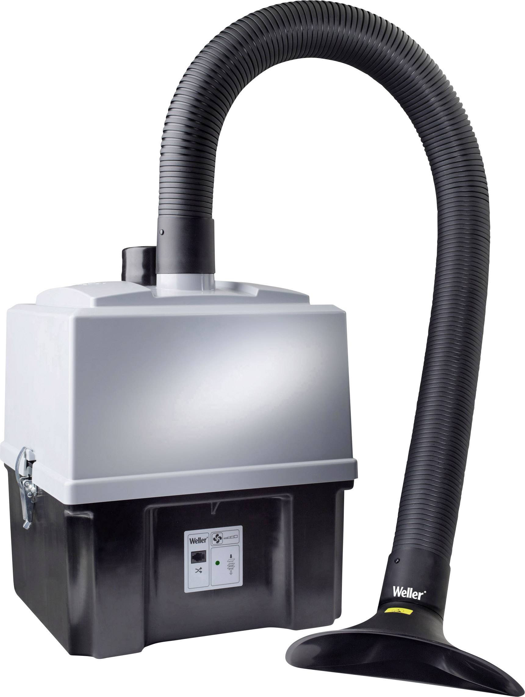 Un aspirateur mobile de fumées de soudure avec un tuyau flexible. L'appareil dispose d'un boîtier avec un indicateur de contrôle et est utilisé pour filtrer les fumées de soudure.