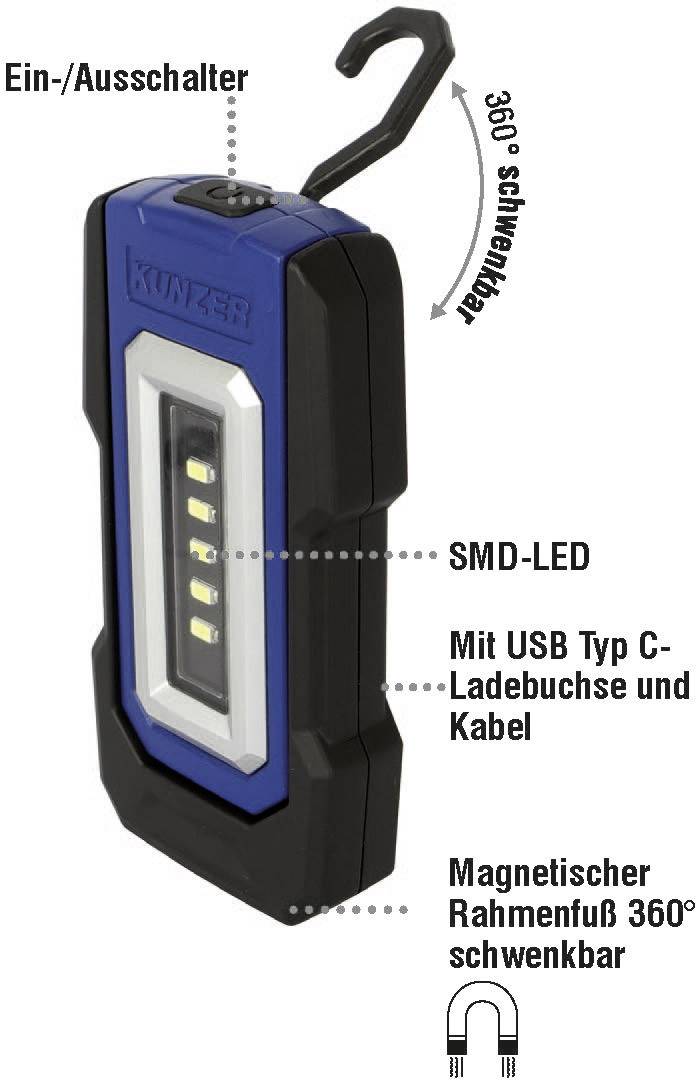 Kunzer PL-050 LED Lampe de travail via USB 100 lm, 200 lm