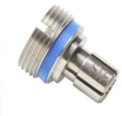Adaptateur métallique avec un anneau bleu et un filetage sur un côté, probablement partie d'un système de connexion.
