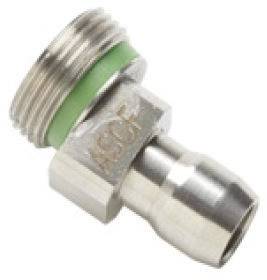 Un adaptateur métallique fileté avec un joint d'étanchéité vert. Marqué 'ASCO' sur le côté. Utilisé pour connecter des conduites.