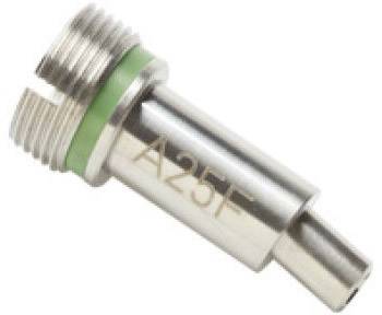 Une pièce métallique avec un joint d'étanchéité vert et un code gravé 'A25F'.