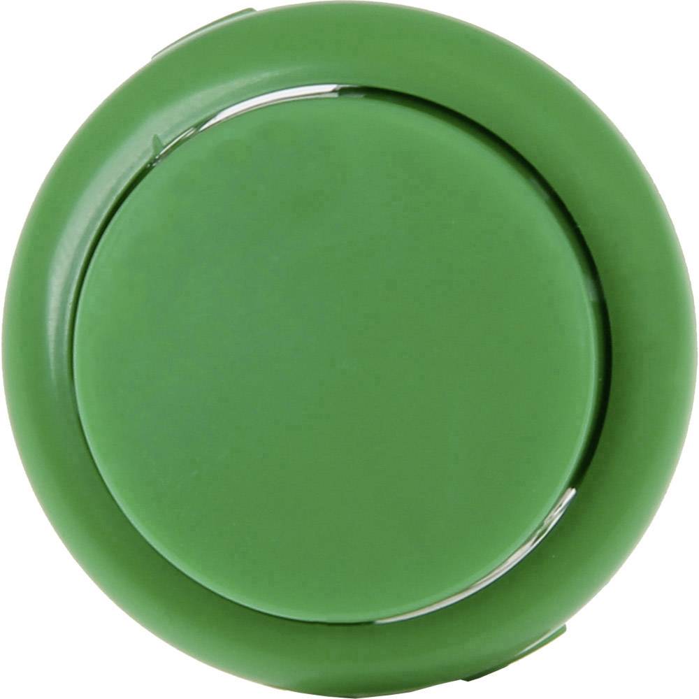 Bouton en plastique vert, circulaire, sur fond blanc, possiblement un interrupteur, sans inscriptions ni symboles visibles.