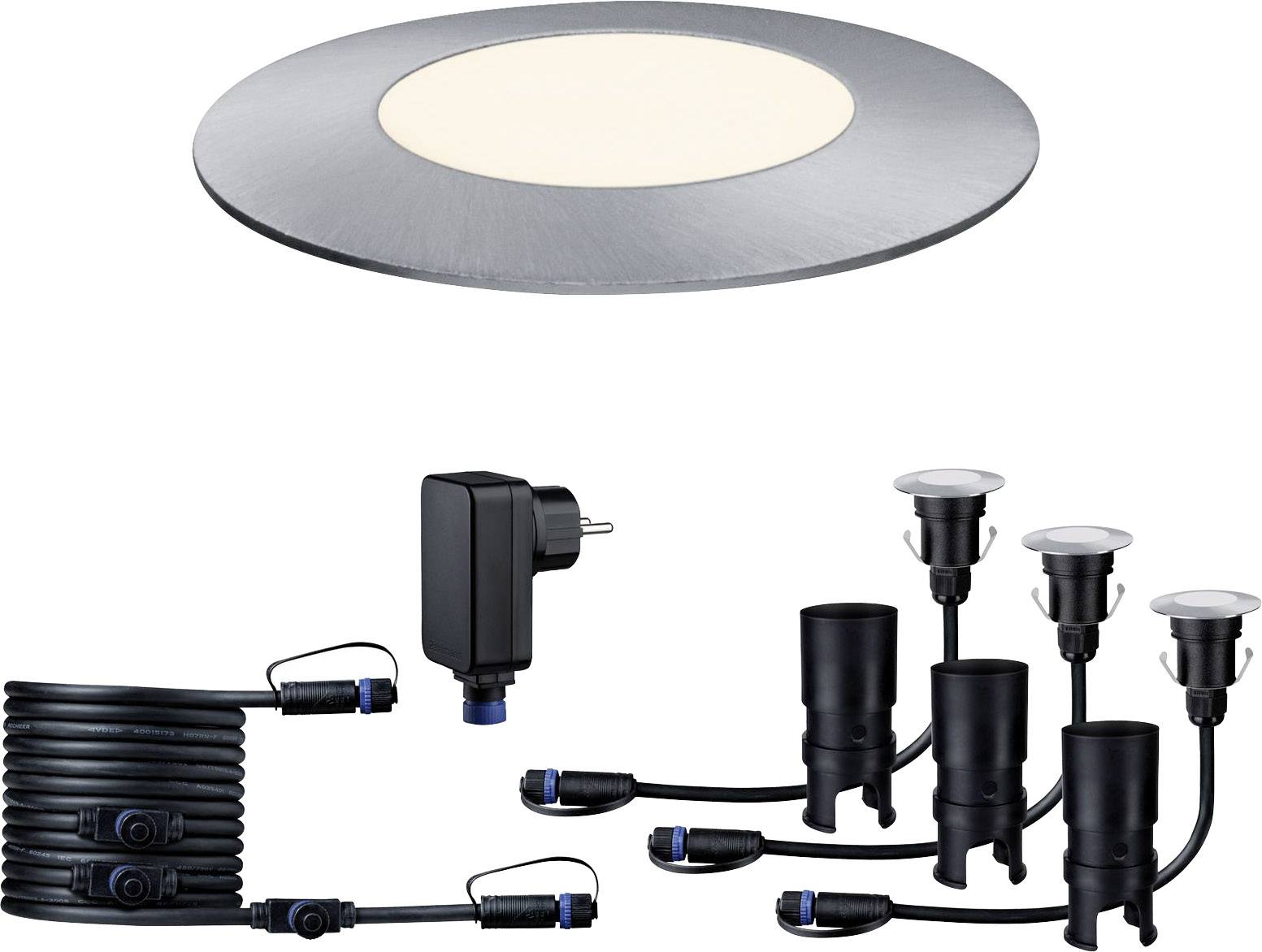 Ensemble d'éclairage de jardin LED avec bornes lumineuses à piquer dans le sol, transformateur et câbles. Idéal pour un éclairage d'accentuation extérieur.