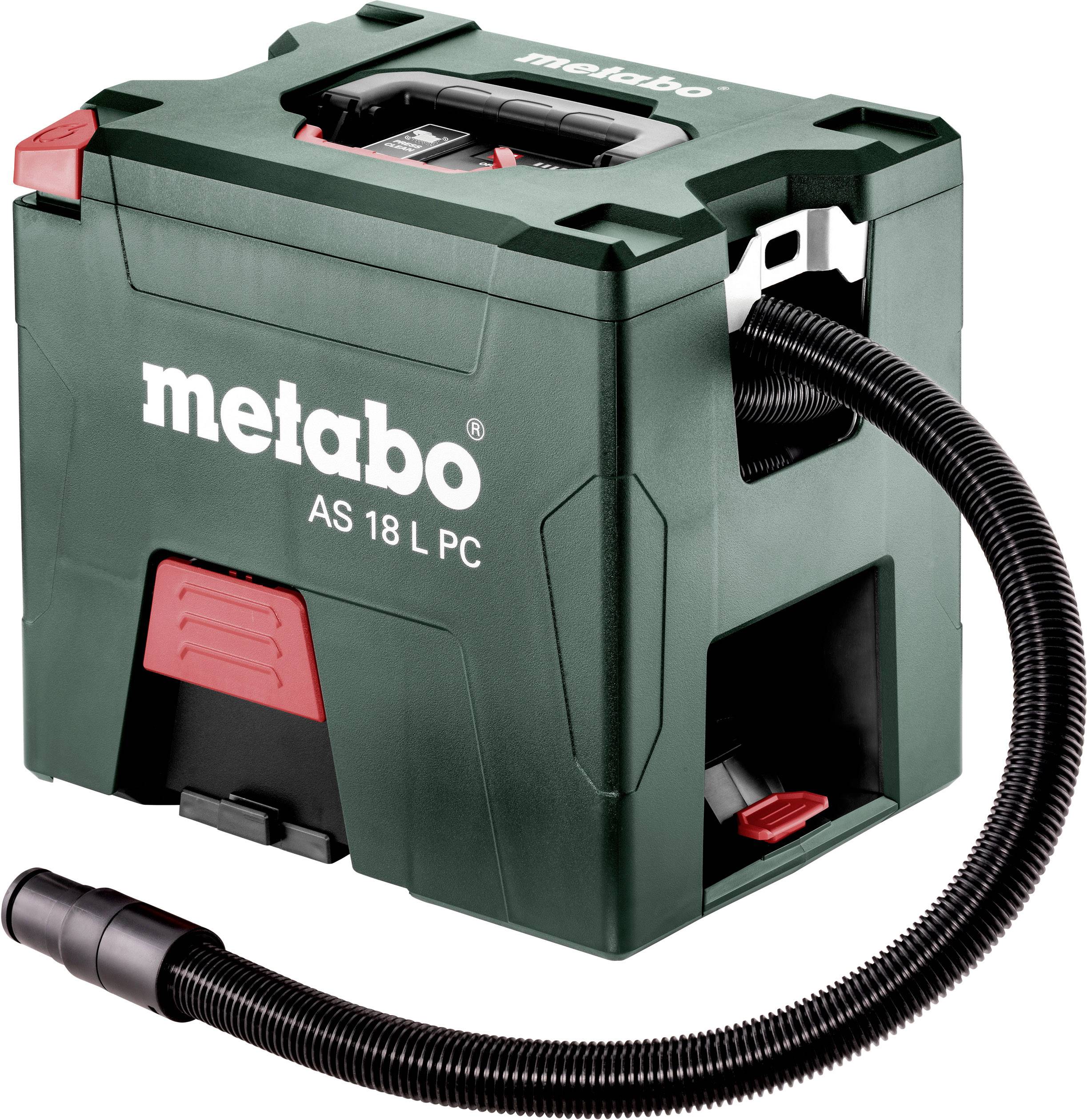 Un aspirateur portable Metabo vert avec un tuyau noir, modèle AS 18 L PC. Compact, conçu pour des applications industrielles.