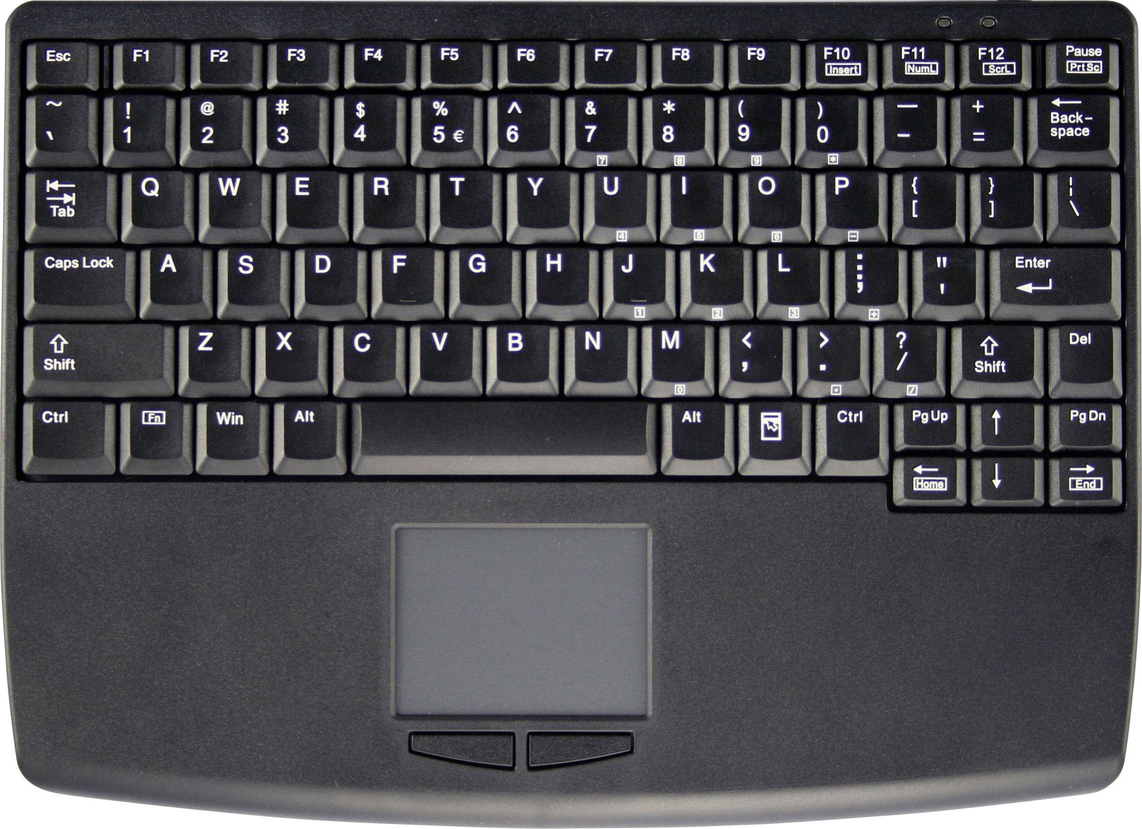 Clavier d'ordinateur noir avec pavé tactile. Les touches comprennent des lettres, des chiffres et des touches de fonction. Idéal pour une utilisation mobile.