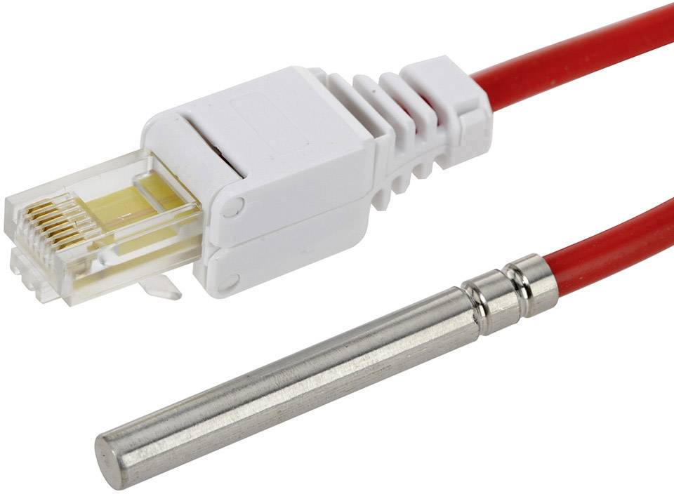 Câble Ethernet rouge avec fiche blanche à côté d'un capteur de température métallique.