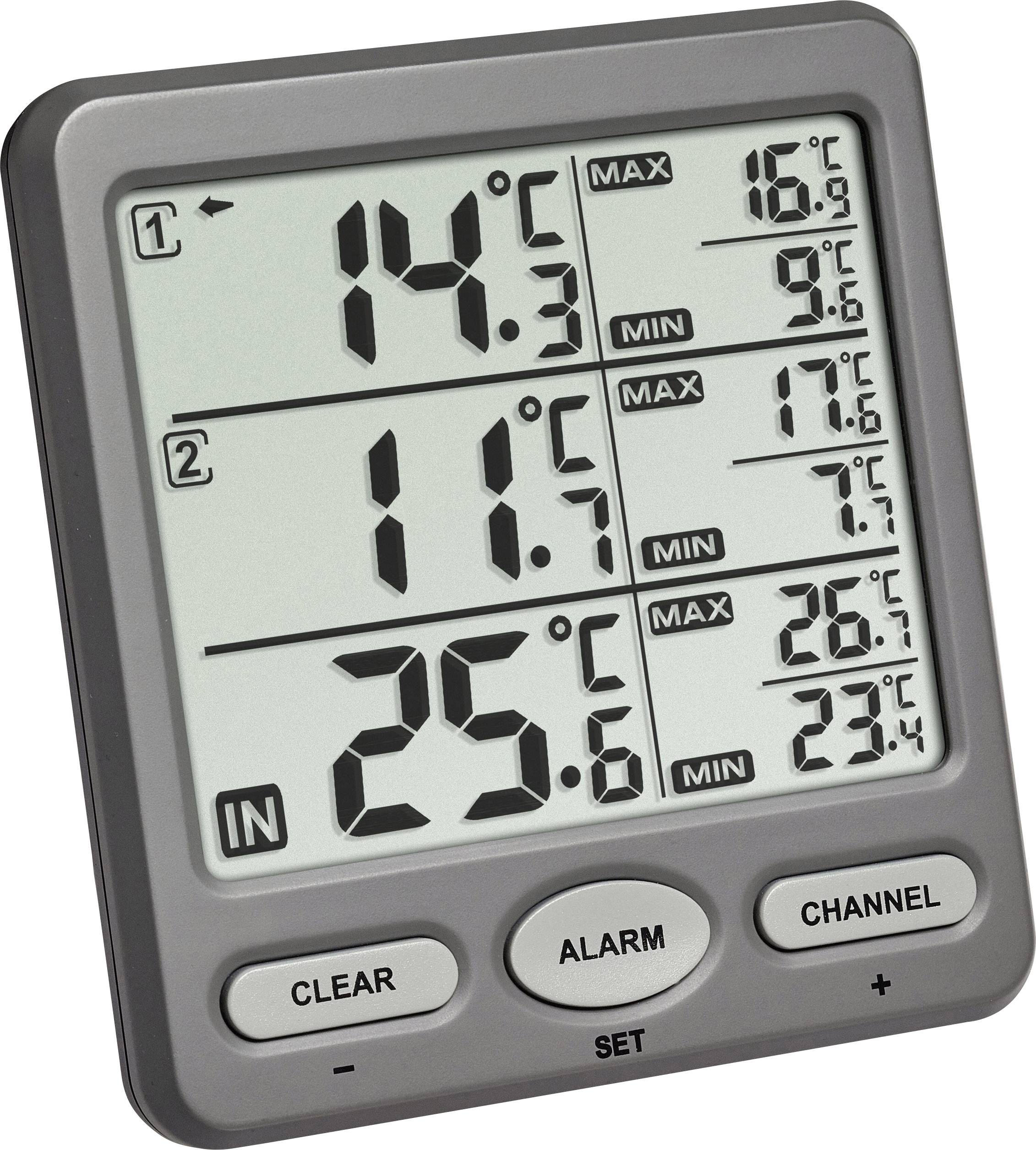 Thermomètre numérique avec trois affichages de température : '14,5°C', '11,5°C', '25,6°C', chacun avec les valeurs maximales et minimales. Touches en bas.