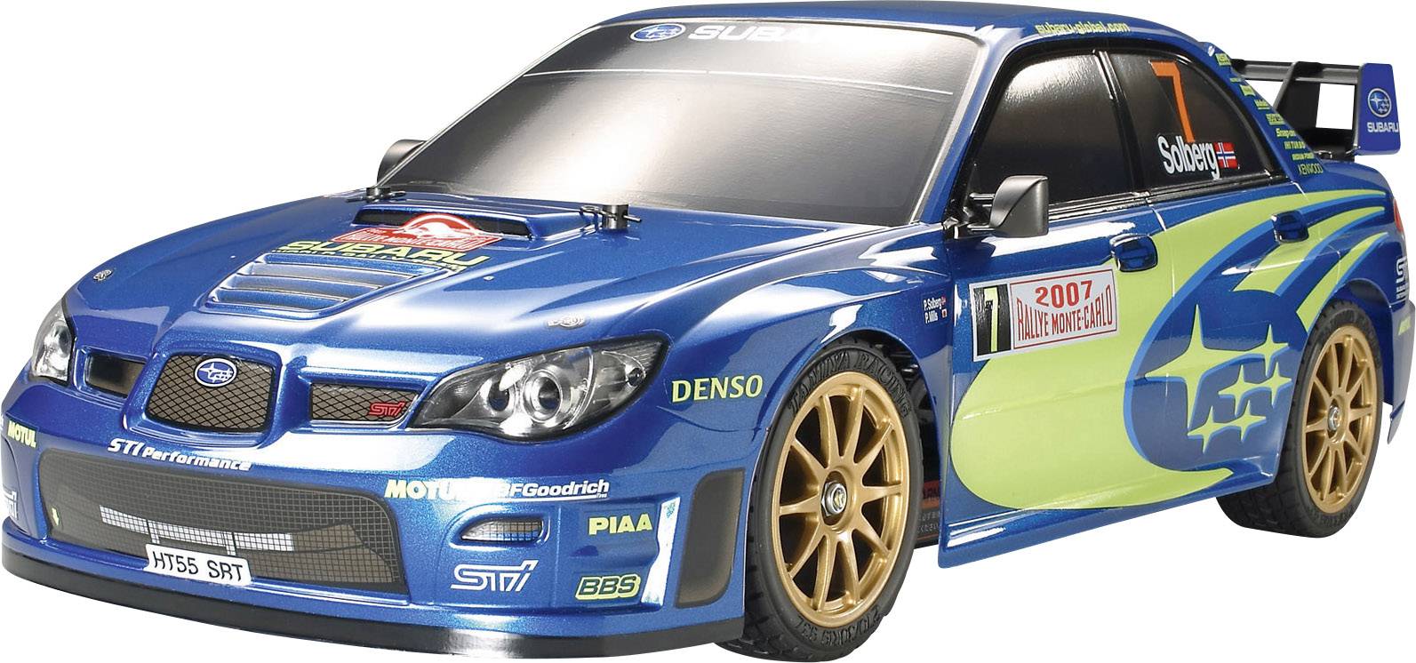 Une petite voiture jouet bleu-vert avec des autocollants de course. Elle dispose de jantes dorées et porte l'inscription '2007' sur le côté.