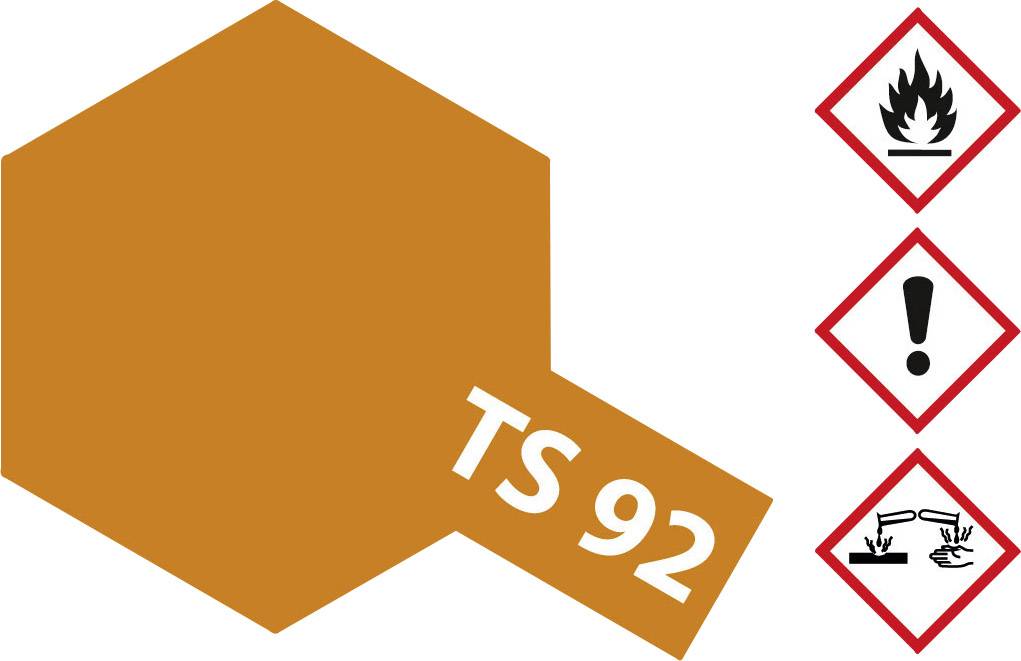 Un hexagone orange portant l'inscription 'TS 92'. À côté, trois symboles de danger : flamme, point d'exclamation, liquide corrosif.