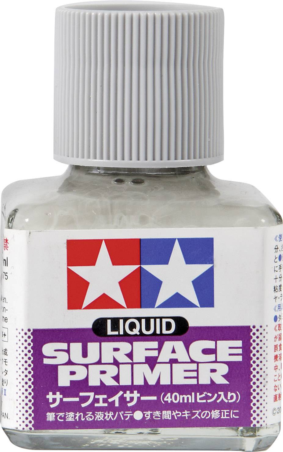 Une bouteille de primaire liquide avec un bouchon à vis gris. L'étiquette indique 'Liquid Surface Primer'. Contient 40 ml.