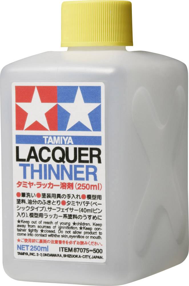 Bouteille de diluant laque Tamiya, 250 ml, avec bouchon jaune.