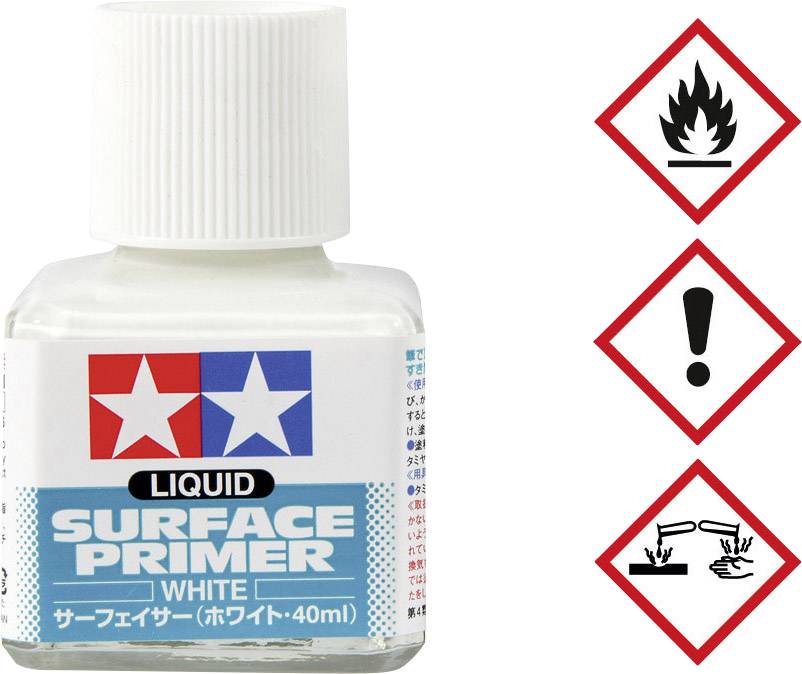 Bouteille portant l'inscription « Liquid Surface Primer White », à côté de symboles d'avertissement de danger d'incendie, de substances irritantes et de danger cutané.