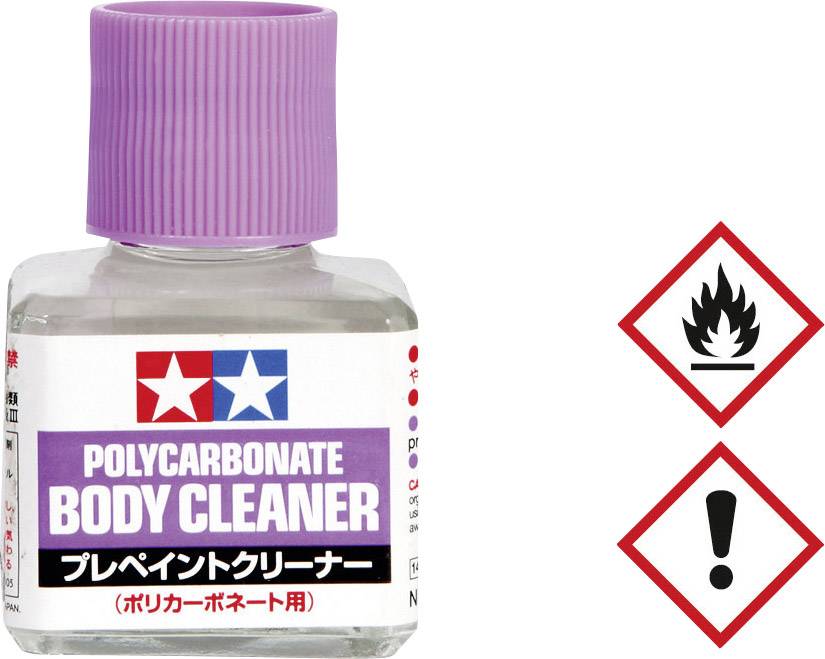 Un flacon de nettoyant pour polycarbonate avec un bouchon violet ; symboles d'avertissement : flamme et point d'exclamation indiquant l'inflammabilité.