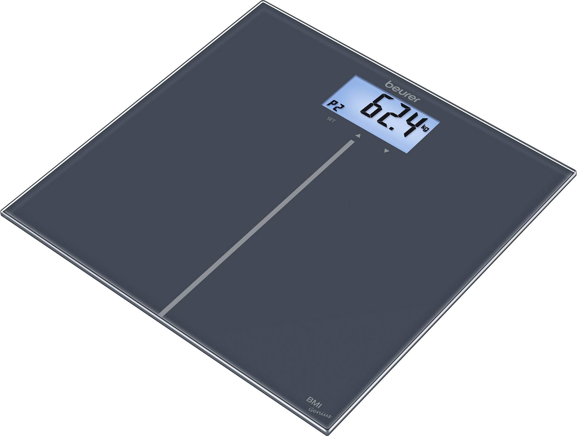 Balance personnelle numérique sombre avec affichage bleu, indiquant 62,4 kg. Forme carrée, design moderne.