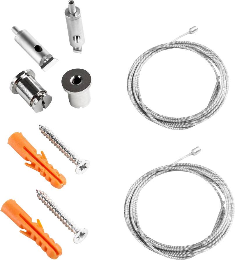 Kit d'accessoires comprenant des chevilles, des vis et deux câbles argentés pour montage mural ou suspension. Contient différents éléments de fixation métalliques.