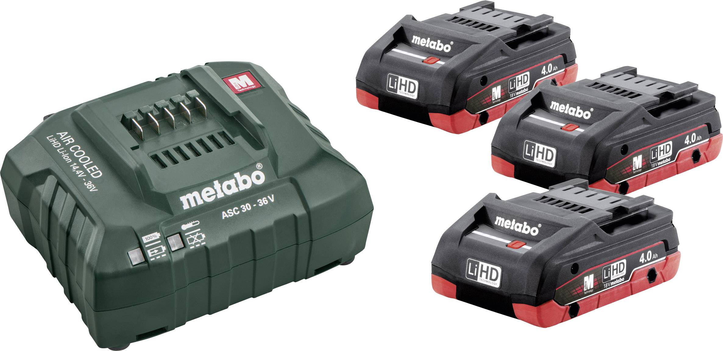 Chargeur de batterie Metabo pour batteries de 14,4 à 36V avec trois batteries LiHD de 4,0 Ah. Chargeur à gauche, batteries côte à côte à droite.