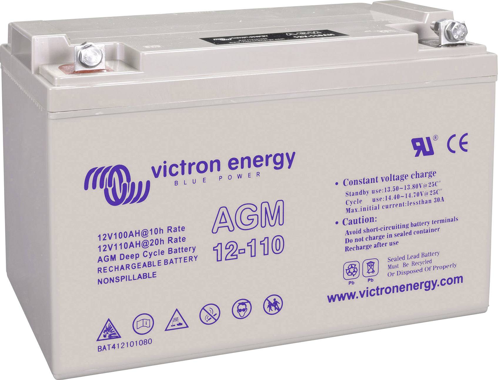 Batterie AGM 12V, modèle 12-110, de Victron Energy. Capacité : 100Ah à 10h. Avertissements : Non réversible, protéger des étincelles.