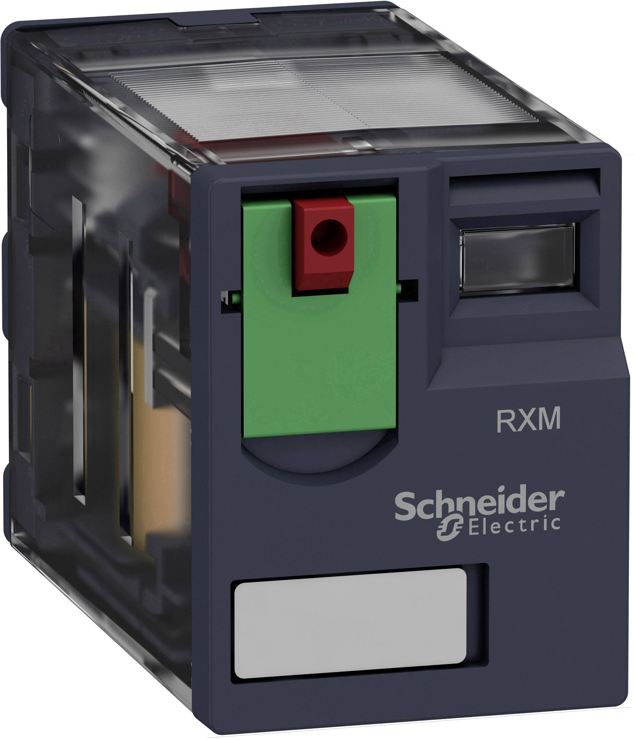 Un relais électrique de Schneider Electric, modèle RXM, avec un boîtier en plastique et un bouton de commande vert sur le dessus.