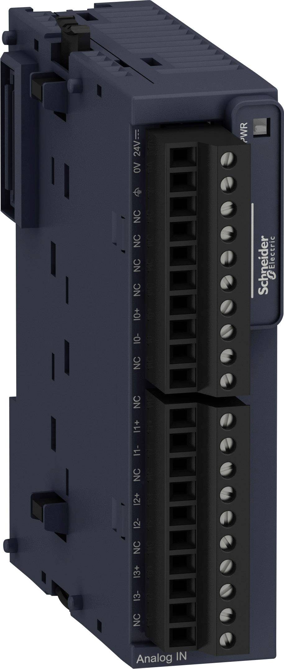 Module d'entrée analogique Schneider Electric, bleu foncé avec plusieurs bornes de connexion, pour systèmes de contrôle et d'automatisation.