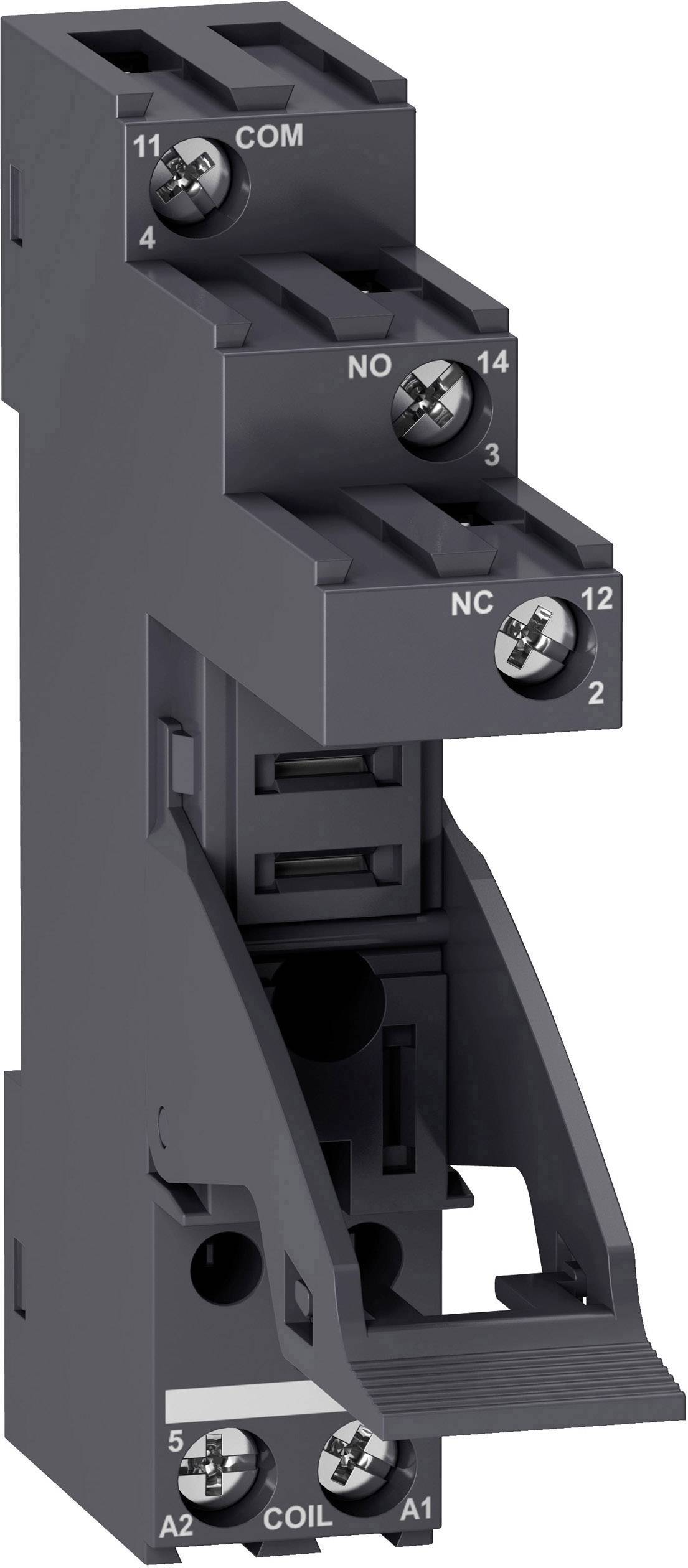 Un socle de relais noir avec des points de connexion numérotés et trois bornes à vis supérieures pour une application électrique.
