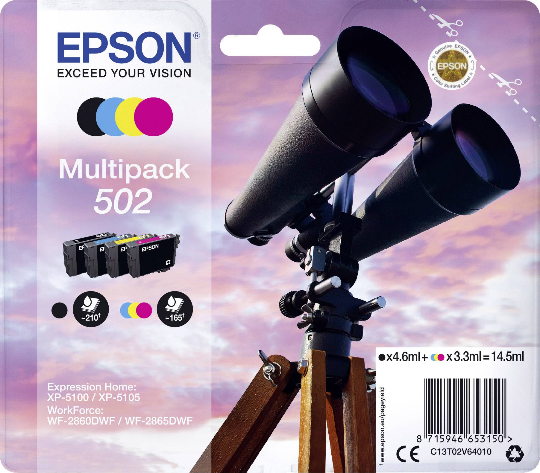 Epson Encre T02V6, 502 d'origine pack bundle noir, cyan, magenta, jaune C13T02V64010
