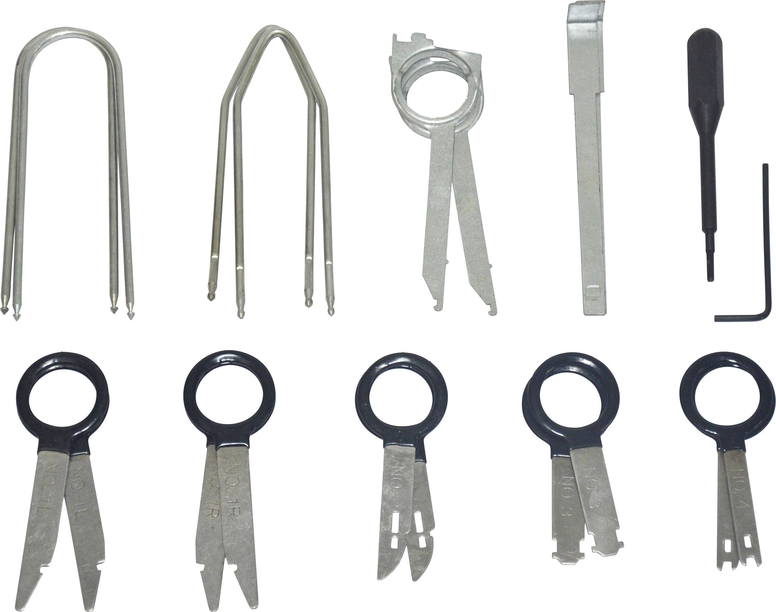 'Kit d'outils pour le démontage d'autoradios : Comprend des leviers de déverrouillage, des clés et des crochets dans différentes configurations.'