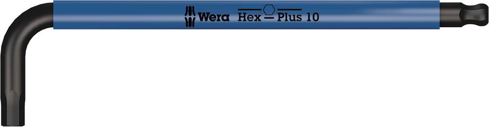Clé hexagonale à poignée bleue, portant l'inscription 'Wera Hex-Plus 10'. La clé est dotée d'un bras coudé pour une meilleure prise en main.