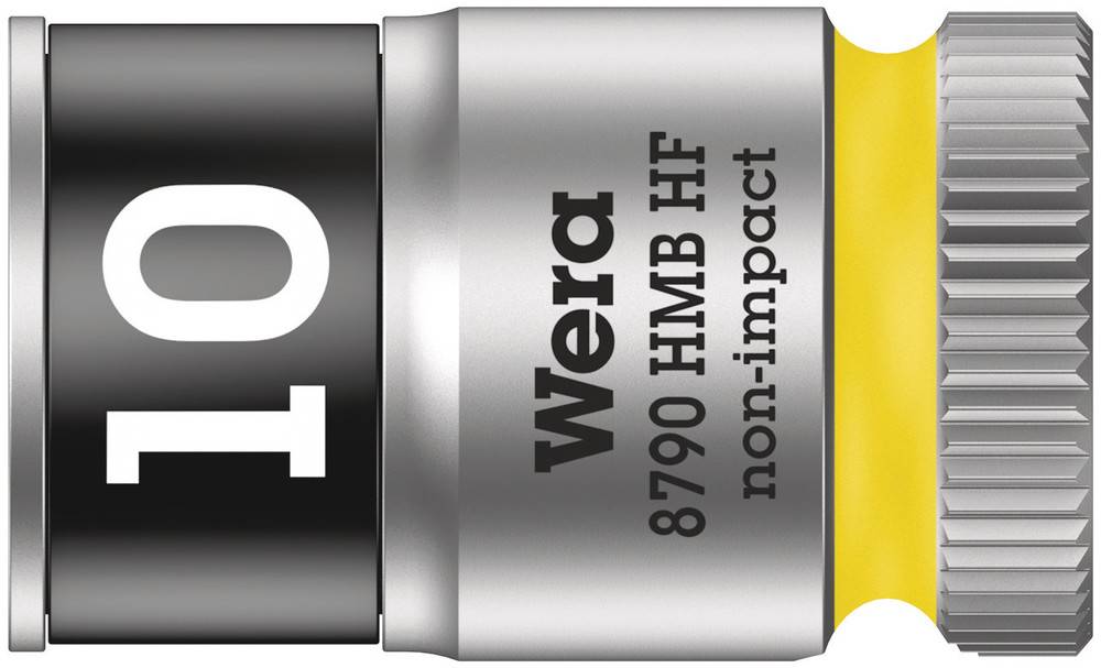 Douille à vis avec l'inscription '10', marque 'Wera', modèle '8790 HMB HF non-impact'. Métal argenté avec un accent jaune.