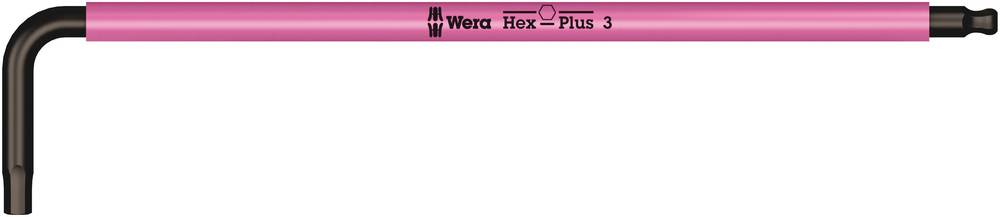 Clé Allen coudée de couleur rose, avec l'inscription « Wera Hex-Plus 3 », adaptée pour les vis à six pans creux.