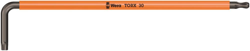 Clé Torx avec manche orange sur lequel est inscrit 'Wera TORX 30'. La clé a une forme en L et une tête Torx.