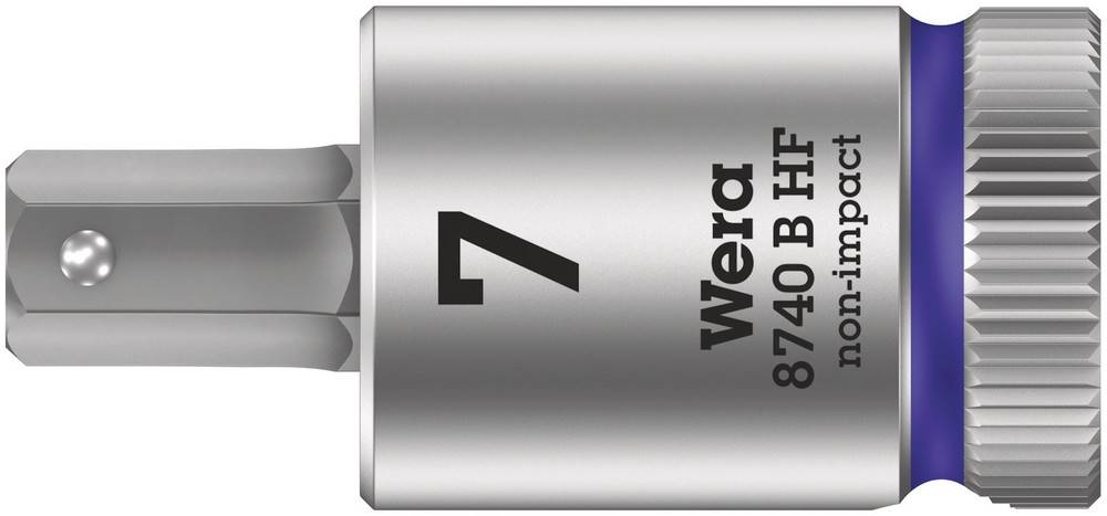 Écrou à vis avec logo Wera, taille 7, modèle 8740 B HF non-impact. Surface métallique avec marquage bleu.