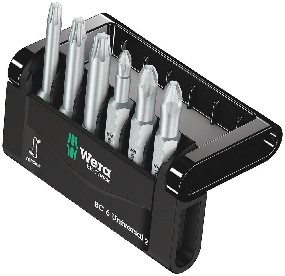 Jeu d'embouts avec six bits différents dans un support en plastique noir, le nom de marque 'Wera' visible sur la face avant.