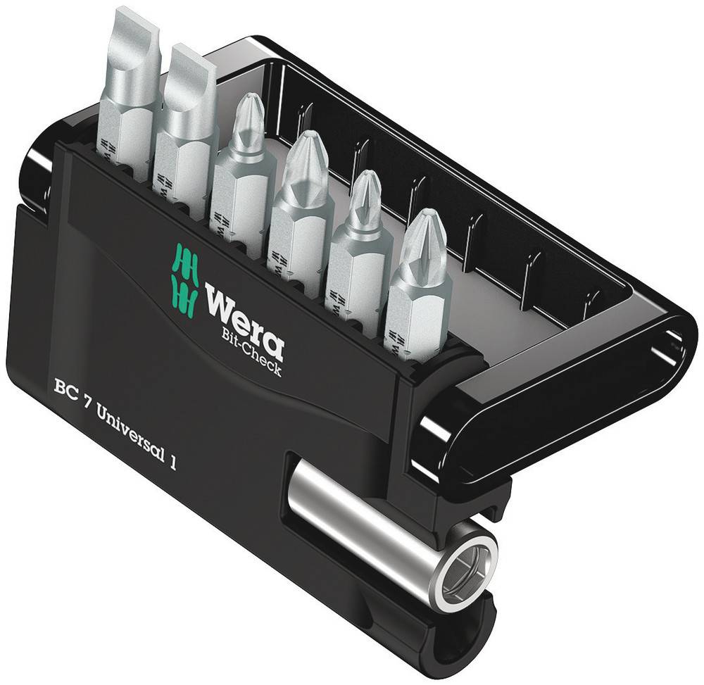 Jeu de 7 embouts différents dans un support compact noir. Inscription 'Wera Bit-Check'.