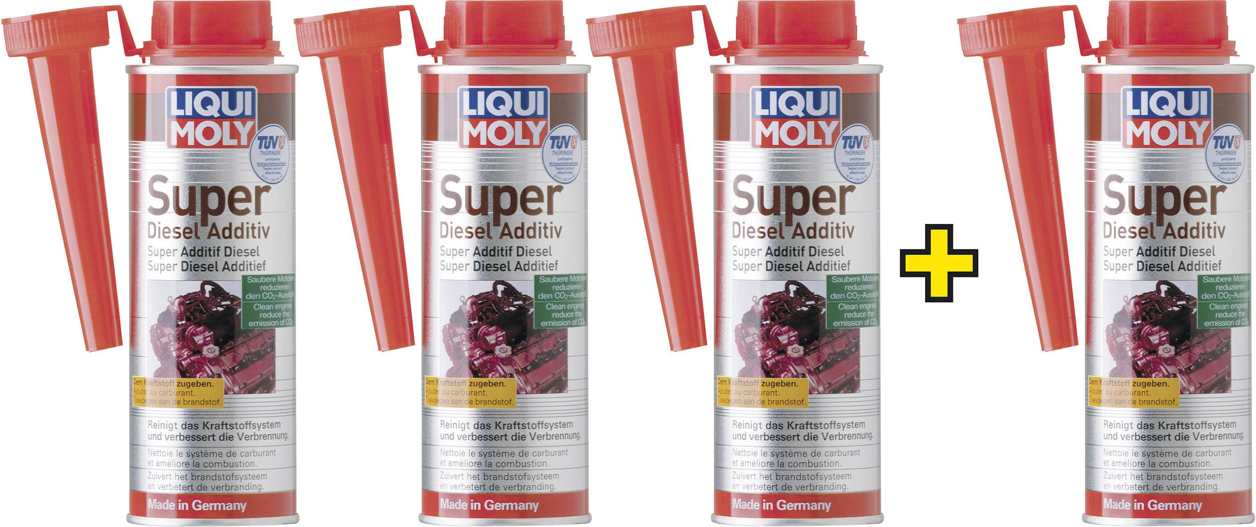 Quatre boîtes d'additif Super Diesel Liqui Moly avec bouchon rouge, côte à côte, avec un signe plus entre la deuxième et la troisième boîte.