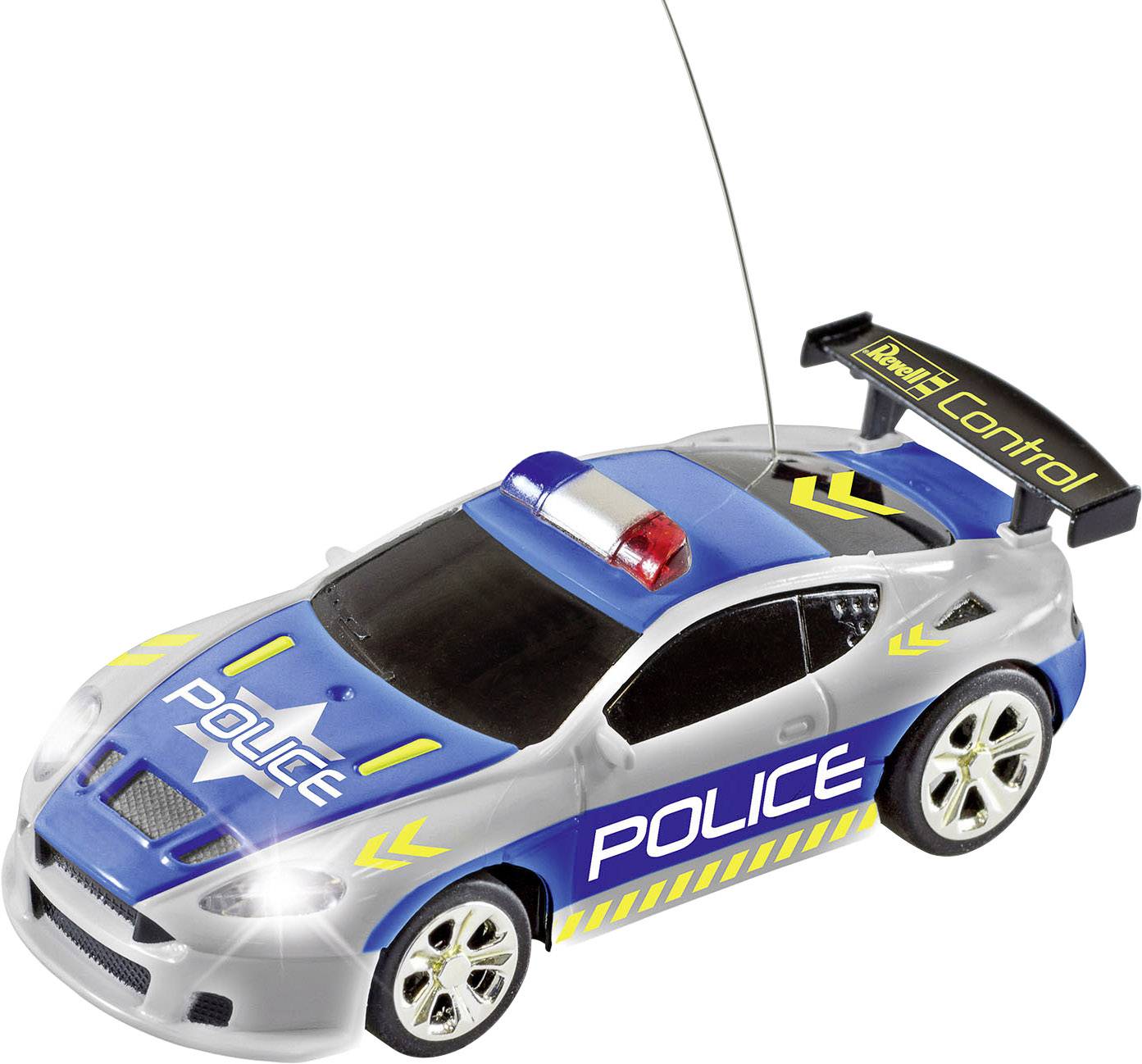 Voiture de police jouet avec peinture bleue et blanche, antenne voyante et inscription « Police Control ».