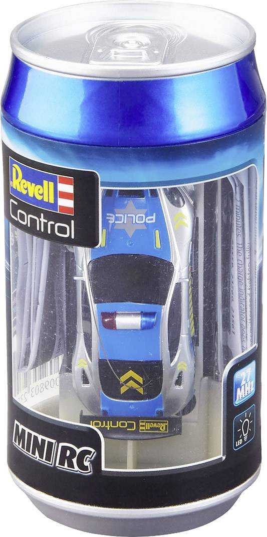 Modèle de voiture de course miniature, emballé dans une canette bleue. La voiture a un design de police et est de la marque Revell.