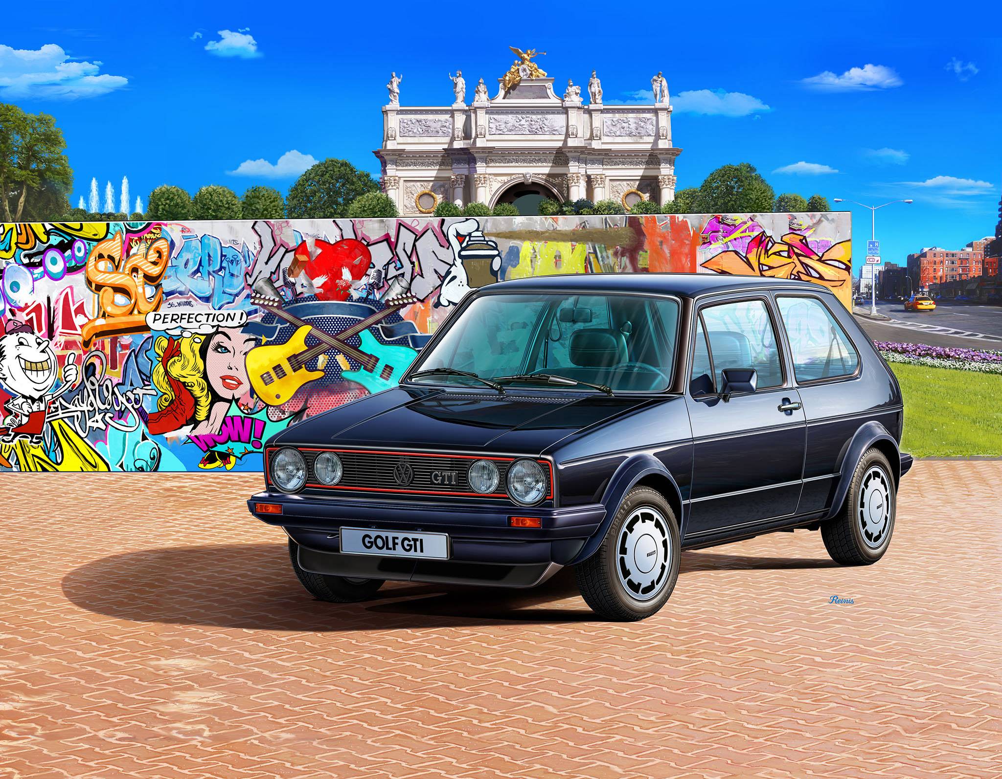 Une Golf GTI noire est garée devant un mur de graffitis colorés et un ancien portail historique. En arrière-plan, on aperçoit un paysage urbain.