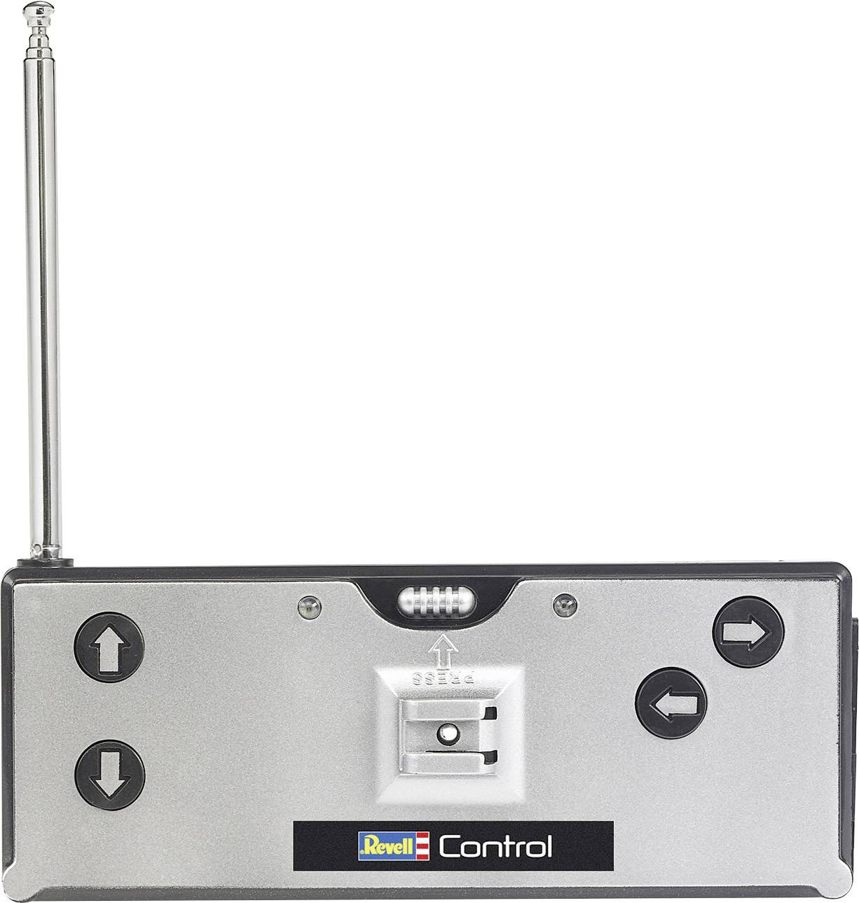 Une télécommande argentée avec antenne et quatre touches directionnelles pour un véhicule radiocommandé, portant le logo 'Revell Control'.