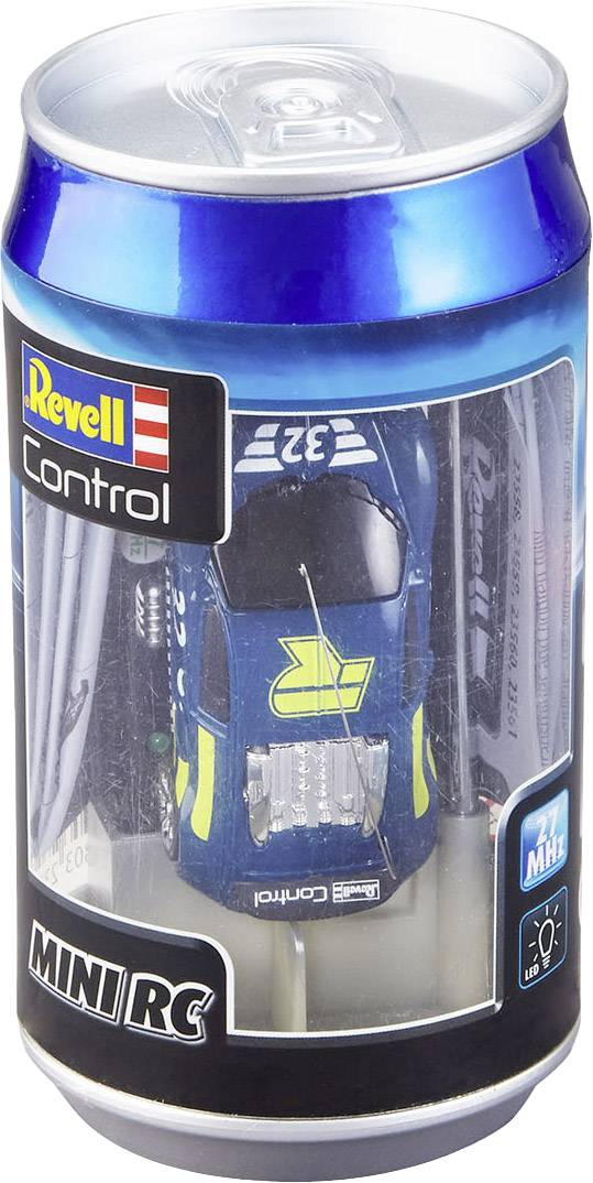 Un emballage sous forme de canette de boisson présente une miniature de voiture télécommandée de la marque 'Revell Control', avec le détail '27 MHz'.