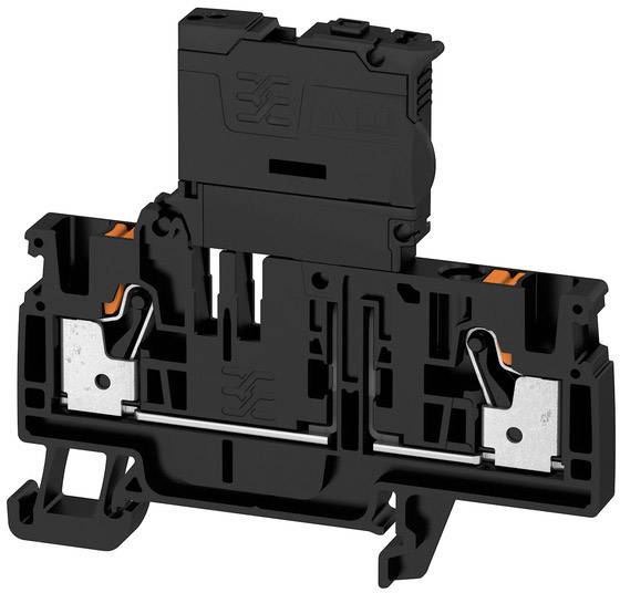Un bloc de bornes électrique noir pour montage sur rail DIN, équipé de pièces métalliques et d'éléments orange pour la connexion des fils.